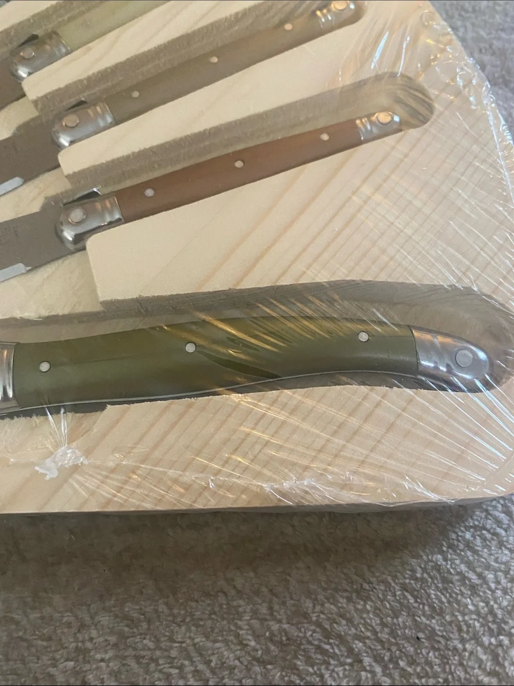 Stainless steel cheese knife set. Laquiole Jean Dubost France 5 piece set.